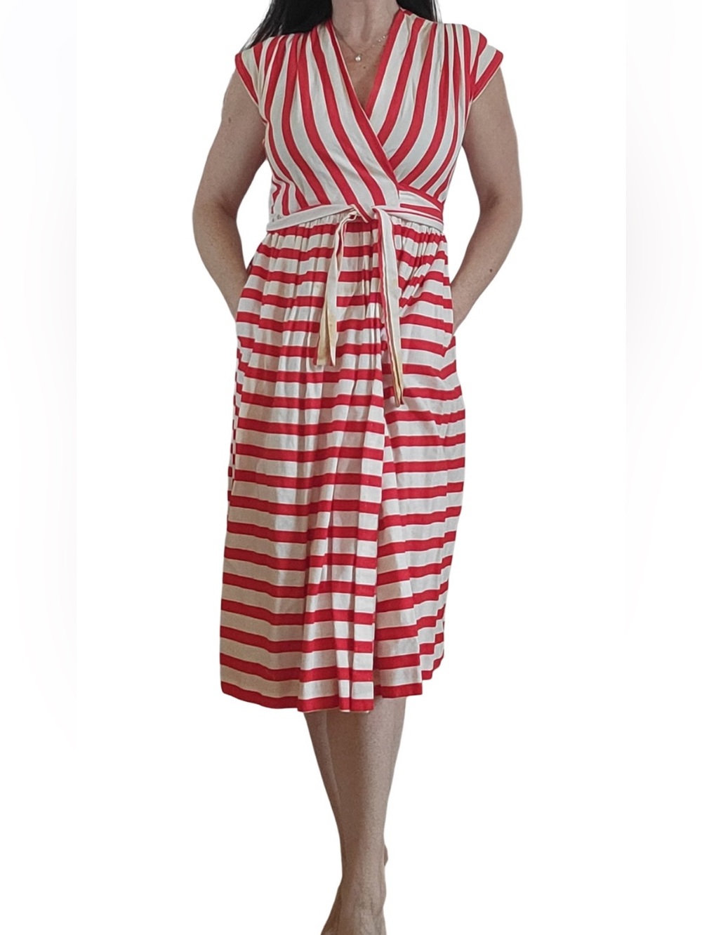 Vintage 70s Keyloun Red and White Striped Wrap Midi Dress